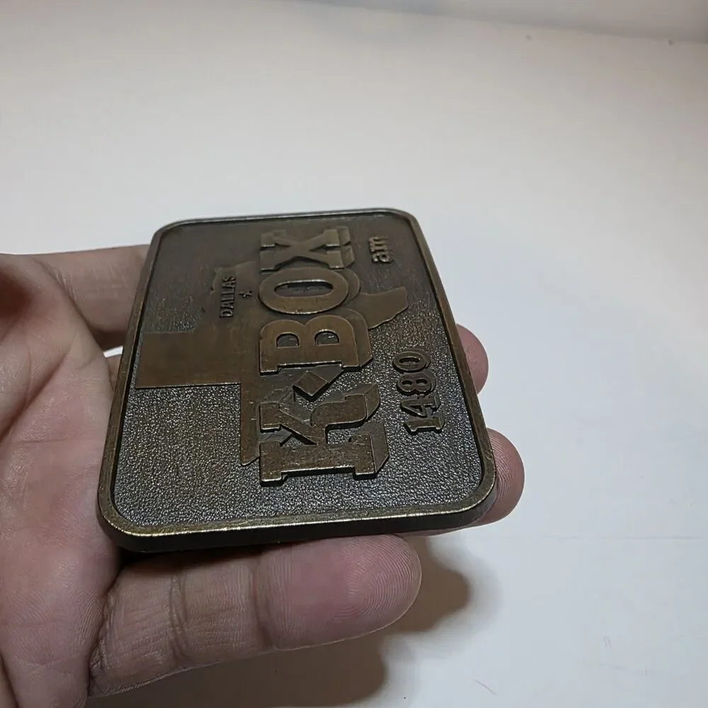 Vintage KBOX 1480 AM radio station Dallas Tx brass belt buckle Rectangle